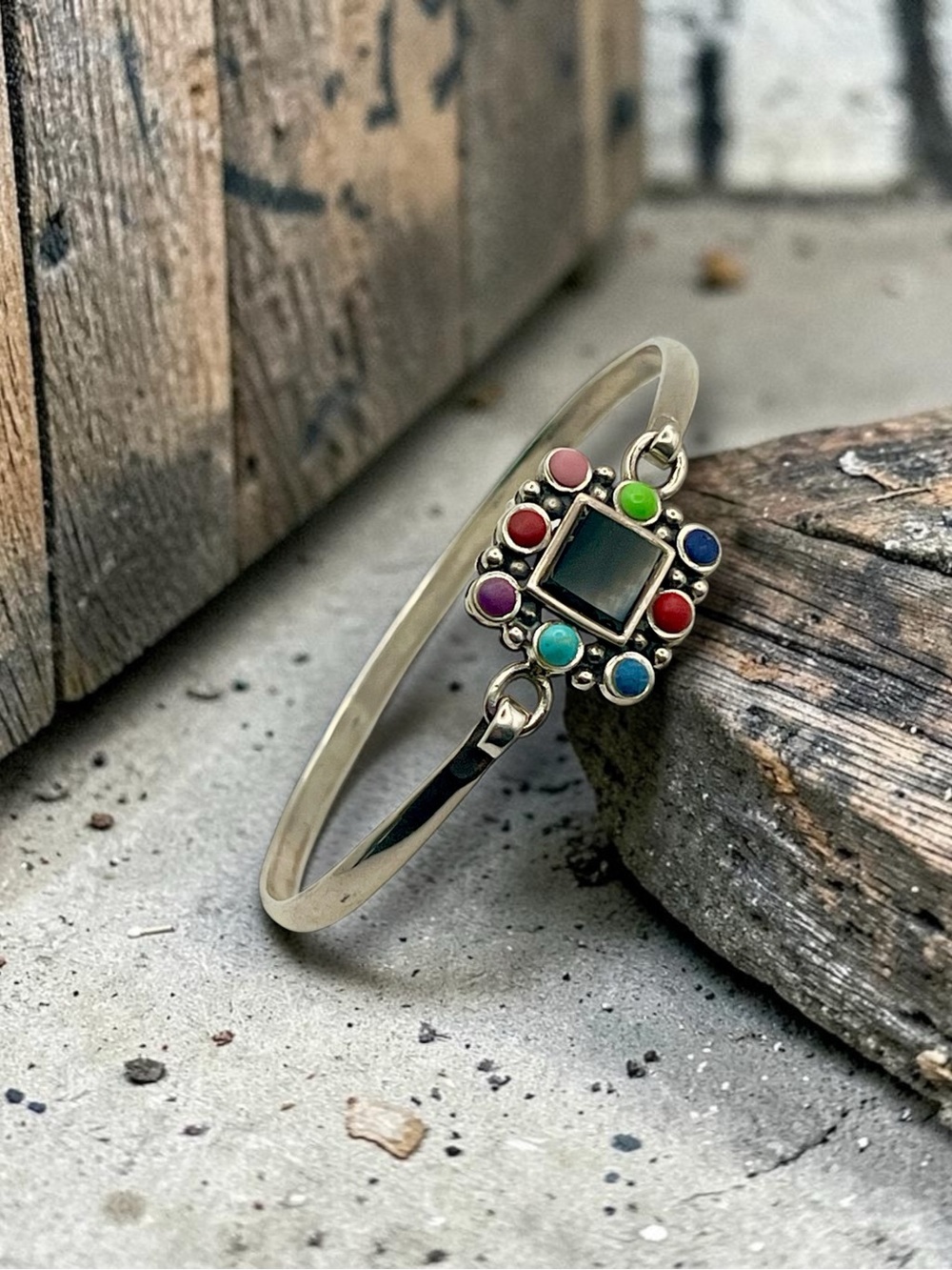 Vintage Sterling Silver Multi-Gemstone Bangle Bracelet - Colorful Accent